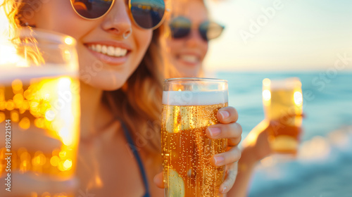 Fototapeta Naklejka Na Ścianę i Meble -  Young adult girls drinking beer at the beach and having fun