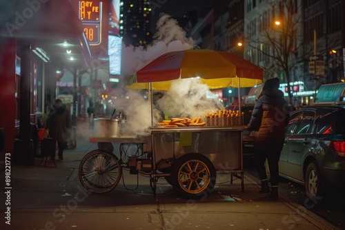 Steaming hot dog cart in New York City, urban life, with copy space