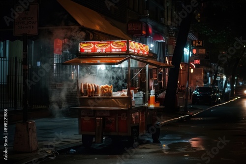 Steaming hot dog cart in New York City, urban life, with copy space