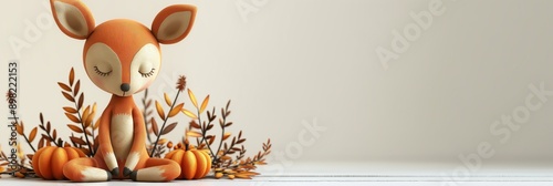 Cute Deer with Fall Leaves and Pumpkins on a White Background