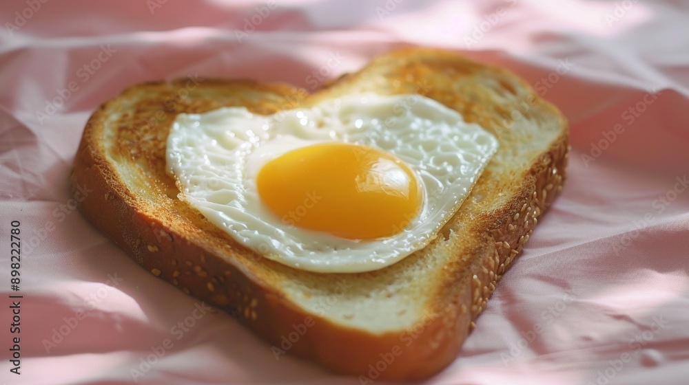 Heart-shaped slice of toast with a sunny-side-up egg. Breakfast concept image. Romantic and warm food styling. High-quality food photography perfect for blogs and magazines. AI