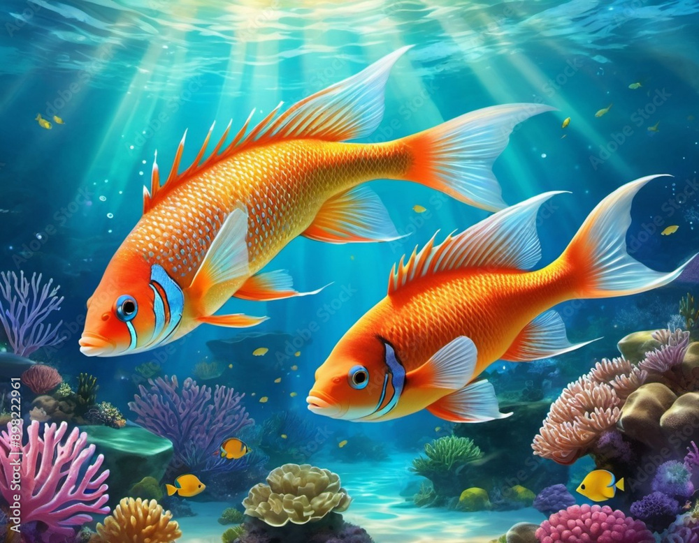 Vibrant orange white yellow blue red reef fish swim through coral reef. Sun rays pierce sea water. Variety of animal. Ecology hydrosphere. Anthropogenic factor influencing death of coral reefs. AI Vibrant orange white yellow blue red reef fish swim through coral reef. Sun rays pierce sea water. Variety of animal. Ecology hydrosphere. Anthropogenic factor influencing death of coral reefs. AI