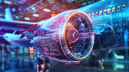 Futuristic aircraft engine visualized with holographic data overlay. High-tech aerospace engineering concept showing digital twin technology, aircraft diagnostics, advanced analytics vibrant colors.