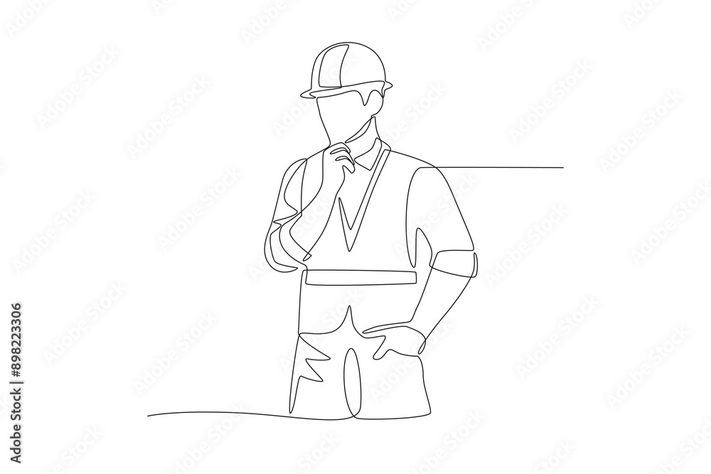 Male technician thinking about work. Labor concept one-line drawing Male technician thinking about work. Labor concept one-line drawing