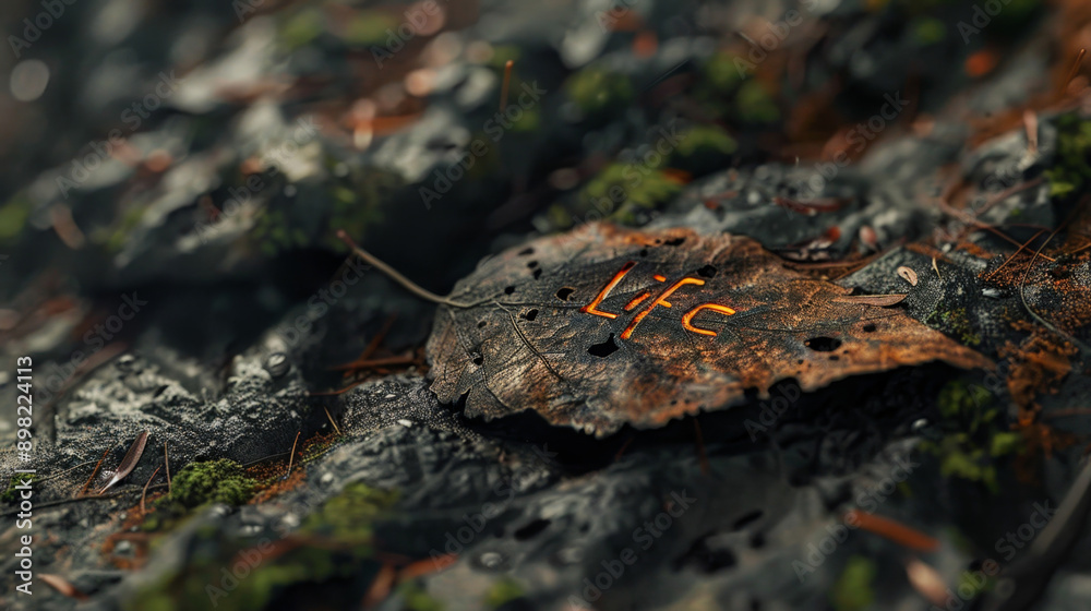 Glowing word life on dry leaf representing hope and faith Glowing word life on dry leaf representing hope and faith