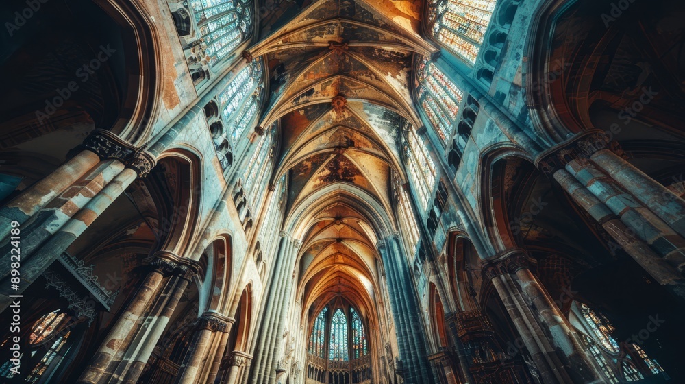 The interior of a cathedral, gazing upward at the ceiling of the naive section The interior of a cathedral, gazing upward at the ceiling of the naive section