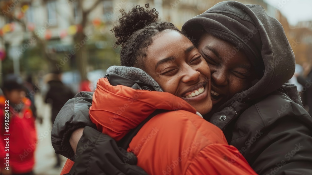 Two people hugging each other in the cold Two people hugging each other in the cold