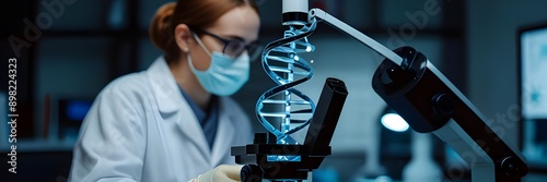 Research in medical DNA involves laboratory science and biotechnology, where scientists in clinics and laboratories focus on medicine and chemistry. Medical analysis of DNA uses advanced research equi photo