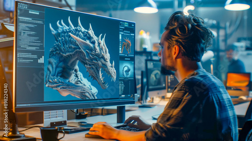 3d designer is working on a dragon model for a video game