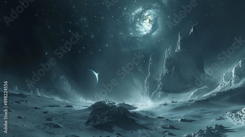 Fototapeta Naklejka Na Ścianę i Meble -   An artist's depiction of a space station on a distant planet's surface, with a remote star visible in the sky