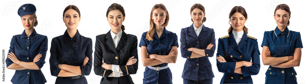 Pack of Happy flight attendant stewardess with crossed arms set against transparent background Pack of Happy flight attendant stewardess with crossed arms set against transparent background