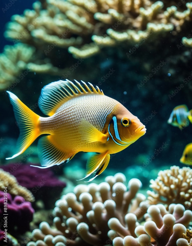 Vibrant orange white yellow blue red reef fish swim through coral reef. Sun rays pierce sea water. Variety of animal. Ecology hydrosphere. Anthropogenic factor influencing death of coral reefs. AI Vibrant orange white yellow blue red reef fish swim through coral reef. Sun rays pierce sea water. Variety of animal. Ecology hydrosphere. Anthropogenic factor influencing death of coral reefs. AI