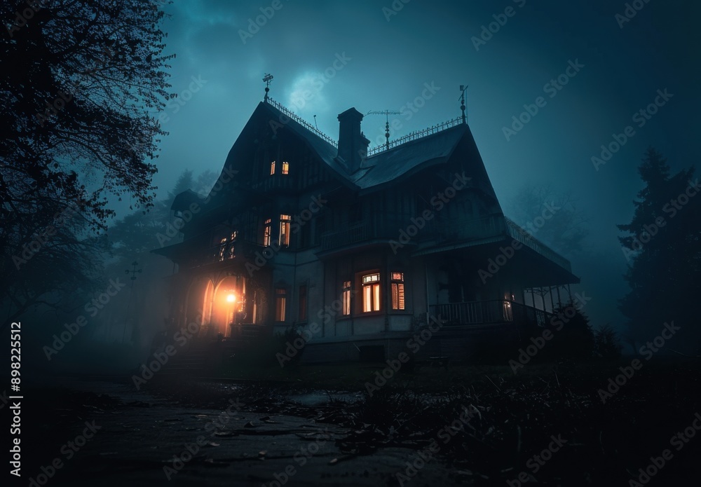 An eerie, dimly lit house in a foggy forest at night.