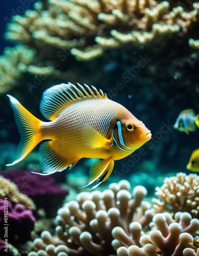 Vibrant orange white yellow blue red reef fish swim through coral reef. Sun rays pierce sea water. Variety of animal. Ecology hydrosphere. Anthropogenic factor influencing death of coral reefs. AI © Iuliia