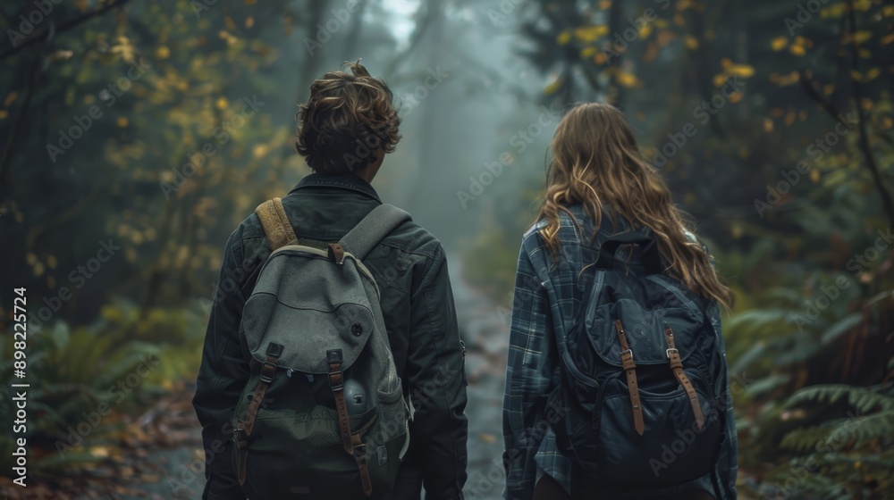 A man and a woman hike through the forest, each carrying a backpack A man and a woman hike through the forest, each carrying a backpack