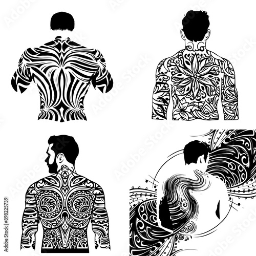 Tribal Polynesian tattoo of a man's full back. Vector set of monochrome sketches in EPS 10 format