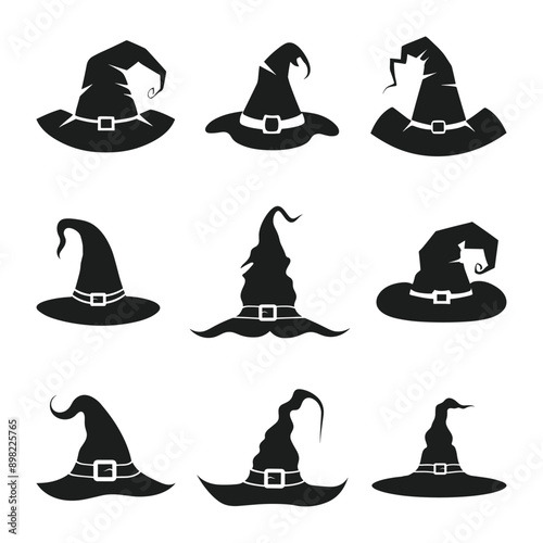 A set of Halloween witch hat silhouette vector