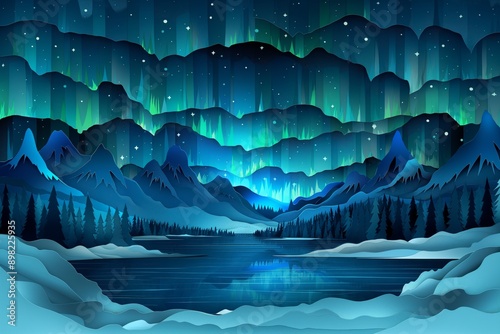 Paper cut Magical Night Sky with Northern Lights Over Mountains and Lake