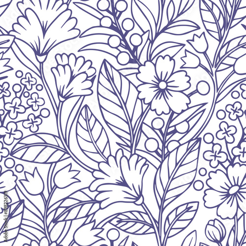 seamless pattern with fantastic flowers and leaves. drawing in line art. antistress coloring book