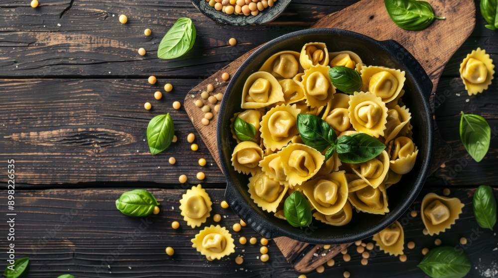 Delicious tortellini pasta in a black bowl on a dark wooden table with fresh basil leaves, perfect for a cozy dinner. High-quality food photo. Gourmet style with Italian cuisine inspiration. AI Delicious tortellini pasta in a black bowl on a dark wooden table with fresh basil leaves, perfect for a cozy dinner. High-quality food photo. Gourmet style with Italian cuisine inspiration. AI
