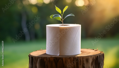 toilet paper roll placed on eucalyptys tree stump, young seedling growing photo