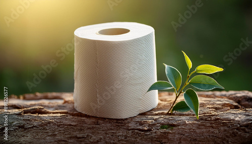 paper roll placed on the tree trunk circular bio-economy paper forestry industry concept