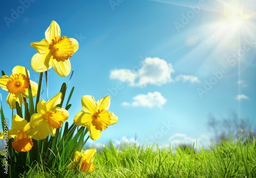 Bright yellow daffodils in a green meadow under a clear blue sky with sunlight streaming down.