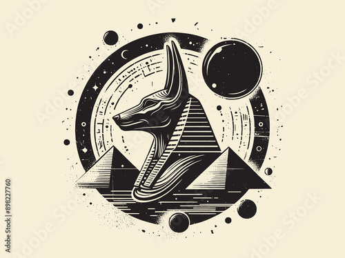 Egyptian god Anubis and the pyramids. Black vector illustration. Abstraction, tattoo sketch, print	