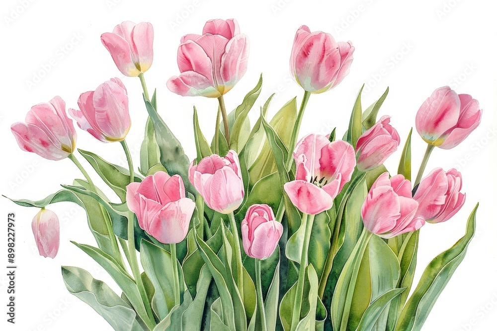 Bouquet pink tulips on white background, botanical illustration with watercolors Bouquet pink tulips on white background, botanical illustration with watercolors