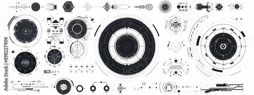 Futuristic black HUD element on white background. Abstract circle geometric shape. Design element. Set of Circular Element.