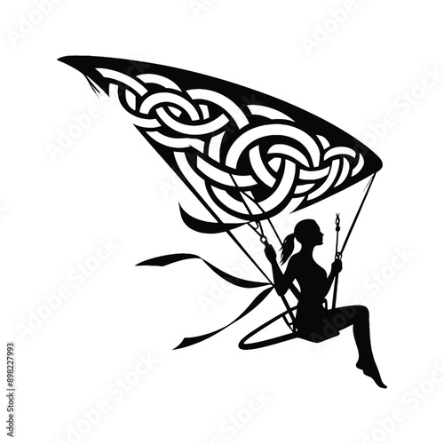 Hang Gliding  female player in celtic knot pattern illustration, emblem shield badge