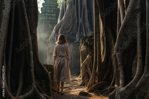 Traveler exploring ancient temple ruins