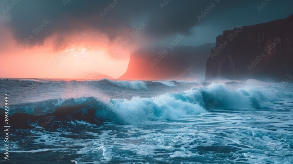 A large body of water with waves in the foreground and a distant cliff against a red-hued background A large body of water with waves in the foreground and a distant cliff against a red-hued background