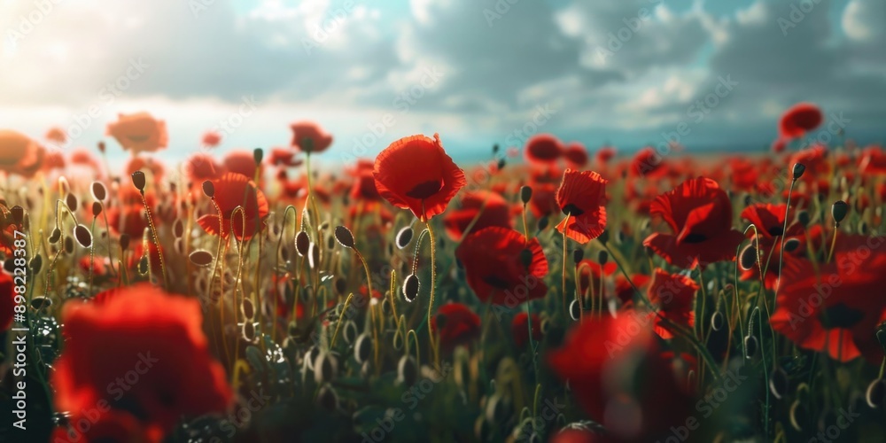 Obraz premium Red poppy field under cloudy sky