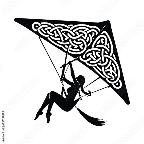 Hang Gliding  female player in celtic knot pattern illustration, emblem shield badge