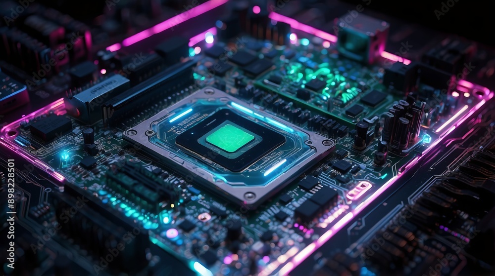 High-Tech Circuit Board Close-Up - Glowing Processor in Electronic Motherboard High-Tech Circuit Board Close-Up - Glowing Processor in Electronic Motherboard
