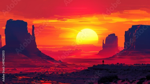 Person on hill as sun sets, large rock formation backdrop