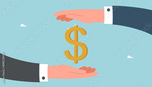 Teamwork for income and salary growth, cooperation for financial and economic stability, increasing investments or savings, increasing currency value, big hands protect the dollar sign.
