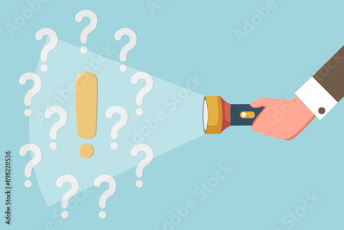 Brainstorming for solving business problems, questions and answers, FAQ, thought process and logic for solving work problems, competitor analysis, the flashlight shines on the exclamation mark.