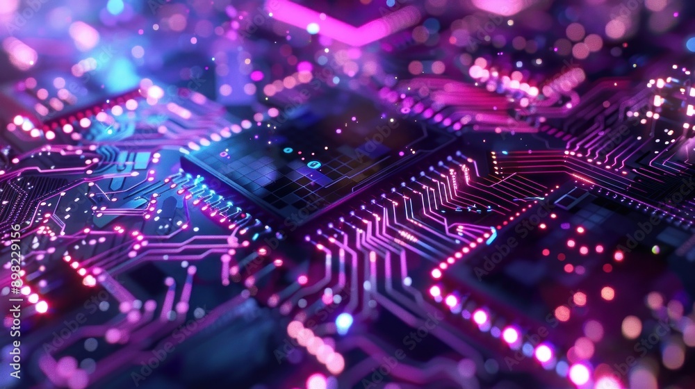 Digital image created by futuristic semiconductors glowing purple and white. Digital data flow and network structure. The concept of innovation centered on AI and cybersecurity. Digital image created by futuristic semiconductors glowing purple and white. Digital data flow and network structure. The concept of innovation centered on AI and cybersecurity.