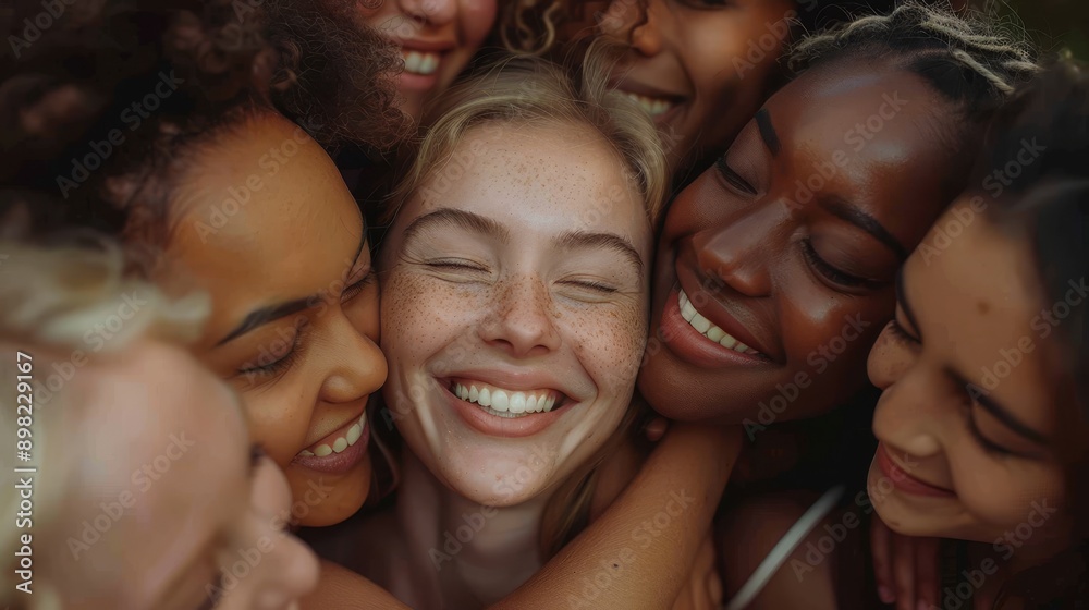 Fototapeta premium A cluster of youthful women, faces dotted with freckles