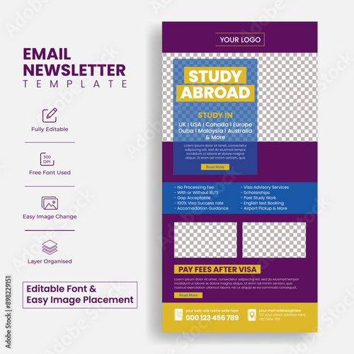 Education email newsletter editable template for study abroad and online learning website UI interface or header template suitable online admission website landing page design