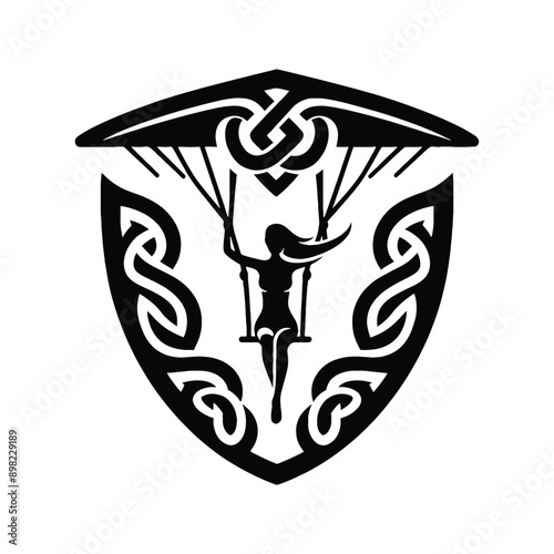 Hang Gliding  female player in celtic knot pattern illustration, emblem shield badge