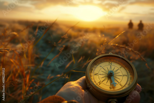 An image of a compass guiding a group of people on a journey, symbolizing direction, exploration, and adventure. The scene captures the essence of travel and the importance of having a sense of direct