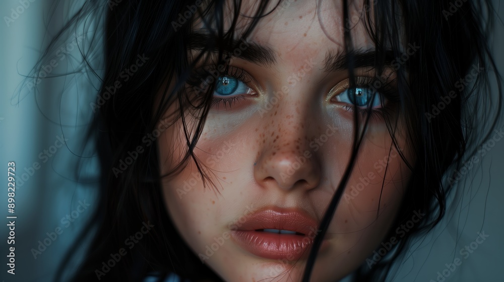 a woman with blue eyes and black hair a woman with blue eyes and black hair