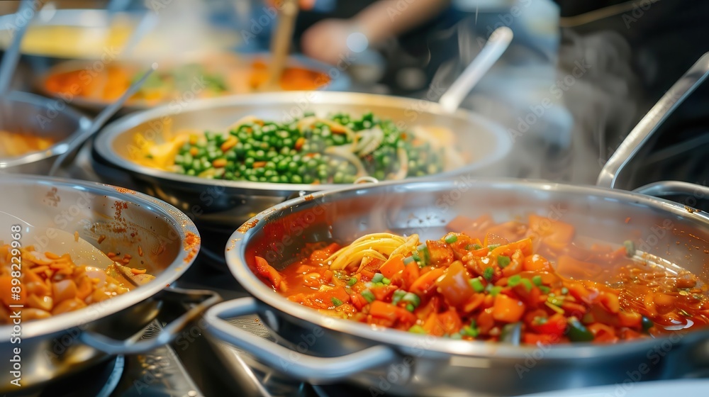 Obraz premium Assortment of steaming food in stainless steel pans.