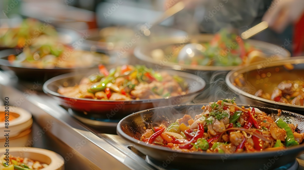 Close-up of sizzling street food dishes in a bustling market.
