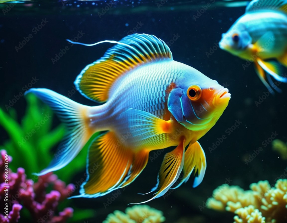 Colorful fish swim gracefully in a well-lit aquarium. The tank is decorated with coral, plants, and gravel, creating a vibrant underwater scene. Undersea world. Aquariums as a hobby. AI generated Colorful fish swim gracefully in a well-lit aquarium. The tank is decorated with coral, plants, and gravel, creating a vibrant underwater scene. Undersea world. Aquariums as a hobby. AI generated