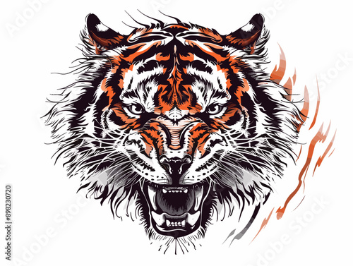 A tiger with its mouth open and teeth bared. The tiger is angry and ready to attack