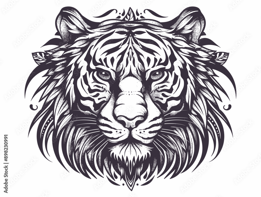 A tiger with a black and white face is drawn in a black and white style. The tiger has a fierce look on its face, and its fur is long and flowing A tiger with a black and white face is drawn in a black and white style. The tiger has a fierce look on its face, and its fur is long and flowing
